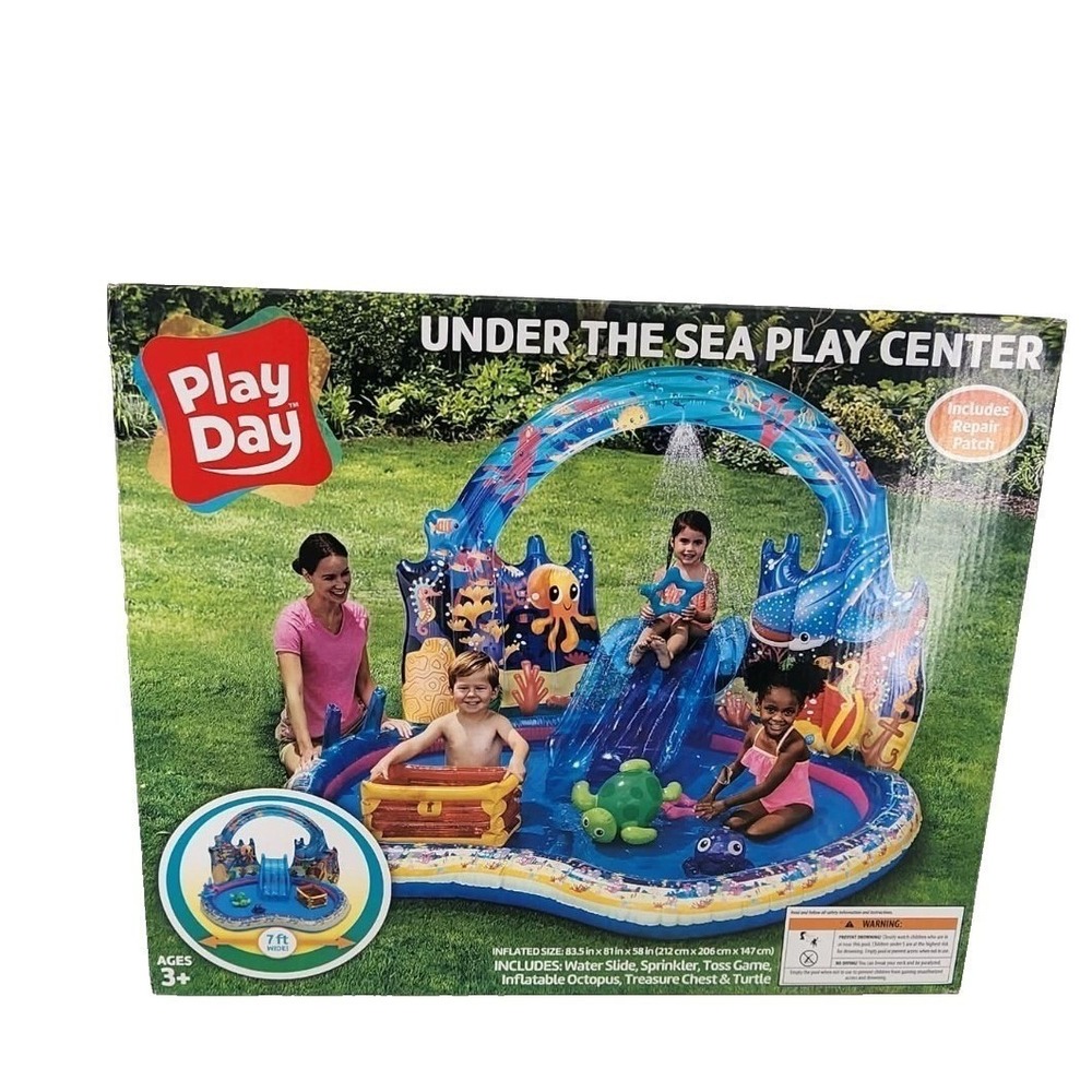 Play Day Under the Sea Play Center Inflatable Kids Pool Slide Sprinkler 7ft Wide